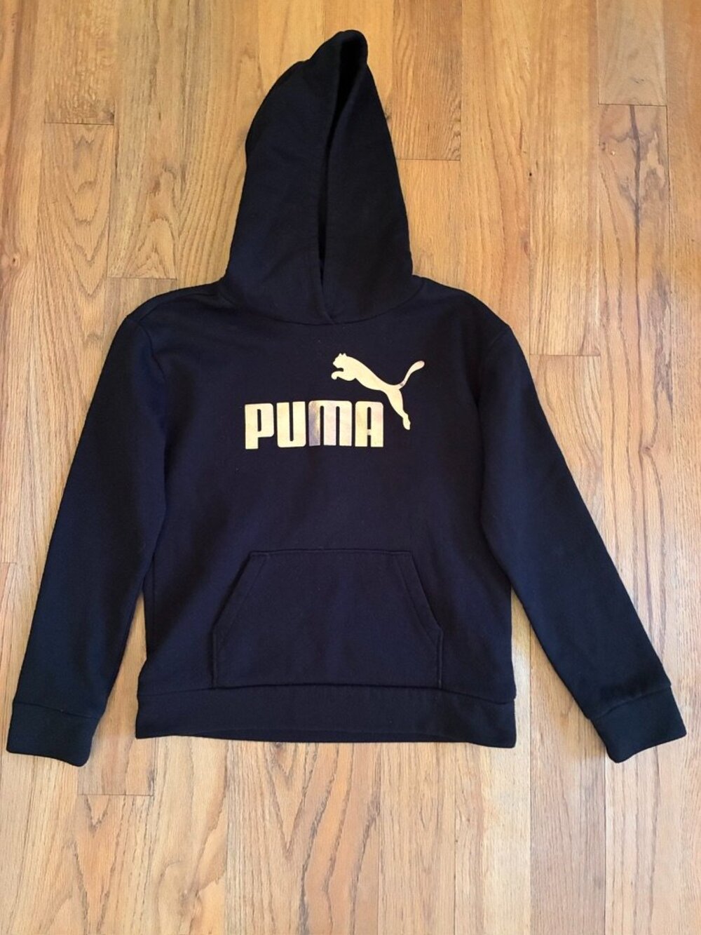 Puma Girls Black Rose Gold Copper Metallic Logo Hoodie Large 12/14